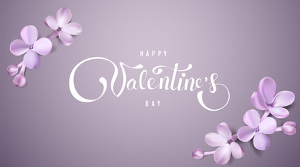 Happy Valentines day background with lilac flower petals and lettering.