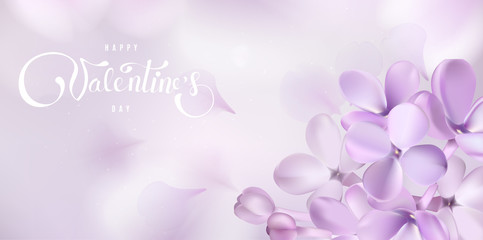 Happy Valentines day background with lilac flower petals and lettering.