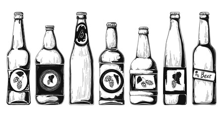 Set of beer bottles. Vector illustration. Sketch