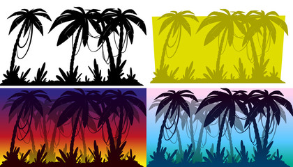 Cartoon silhouette palm trees landscape background. Vector set.