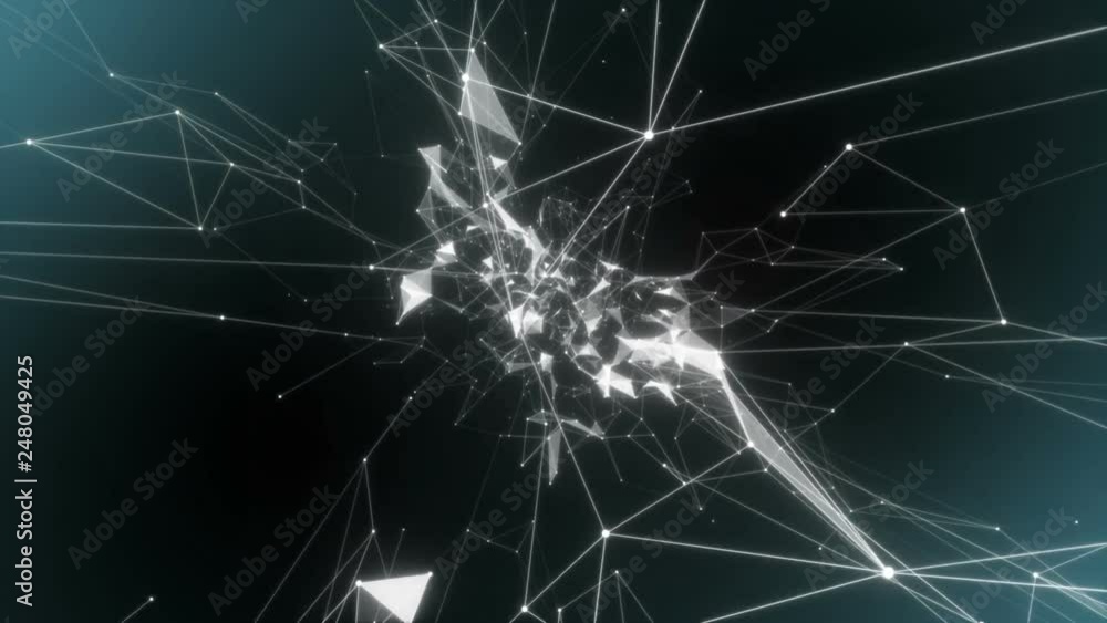 Poster the camera flies into the internet cloud.abstract animation. business background. particle coupling.