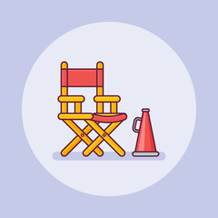 Film director chair with megaphone flat line icon. Vector illustration.