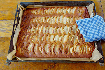 Frisch gebackener Apfelkuchen auf Blech mit kariertem Tuch