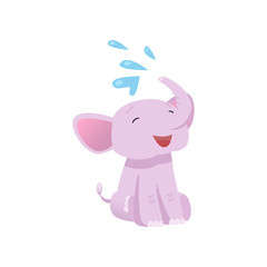 Lovely Pink Baby Elephant Animal Character Spraying Water with Trunk Vector Illustration