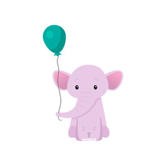 Lovely Pink Baby Elephant Animal Character with Balloon, Front View Vector Illustration