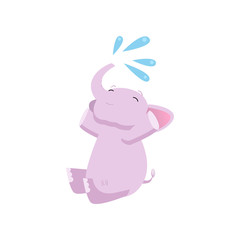 Lovely Pink Baby Elephant Animal Character Sitting and Spraying Water with Trunk Vector Illustration
