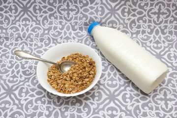 Granola, Oatmeal for breakfast. Oatmeal. Granola with milk, breakfast