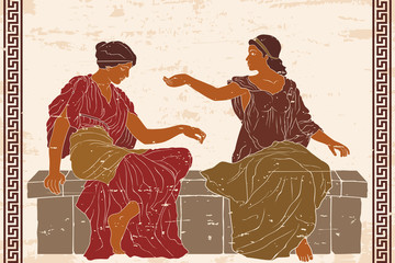 Two ancient Greek women in tunics sitting on a stone and talking. Vector illustration on a beige background with the aging effect.