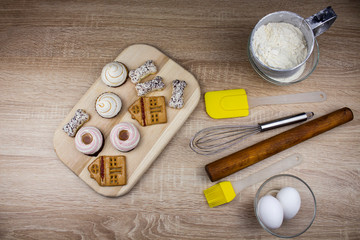 Fototapeta na wymiar cooking ingredients for pies, cookies, dough and baking. flour, berries. Top view, recipe layout,