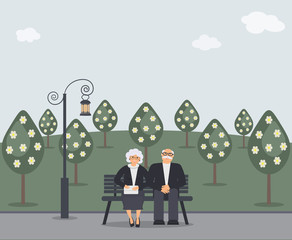 Happy family seniors: cute smiling elderly man and woman with clutch bag are sitting on bench in park. Retired elderly couple in love.Trees, landscape and ancient lantern.Vector flat illustration