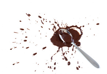 Spoon in a pool of chocolate on white background, top view