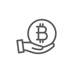 Hand with bitcoin coin, cryptocurrency line icon.