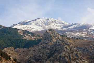 Rocky terrain of the Dinaric Alps, mountain landscape on sunny winter day. Montenegro