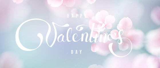 Happy Valentine's day soft color pastel background with flower petals and lettering.