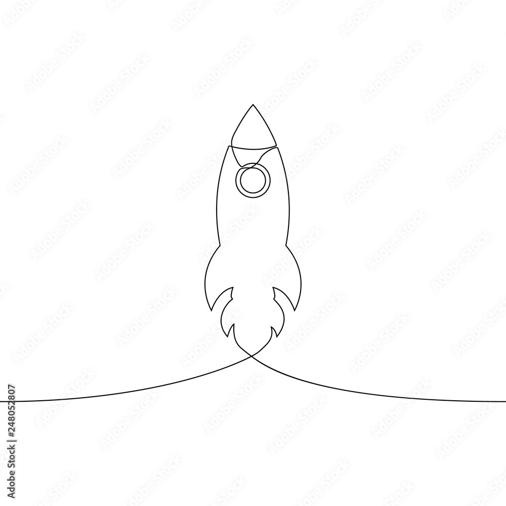 Aufkleber Rocket launch - one line drawing. Continuous line spaceship. Hand-drawn minimalist illustration of startup concept. Vector.