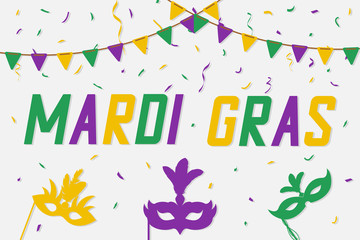 Mardi Gras banner with carnival mask and color confetti. Festive carnaval background. Vector illustration. © Roman