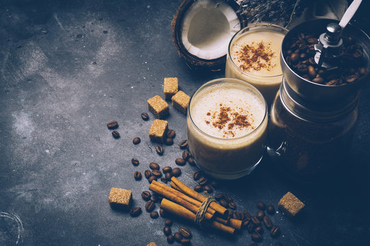 Coconut latte. Vegan coffee drink concept. Coffee with coconut milk. Health products