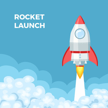 Rocket launch banner. Concept for  business startup. Spaceship over the clouds in blue sky. Vector illustration in cartoon flat style.