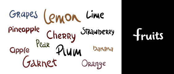 brush lettering. Vector hand drawn calligraphy fruits . Lettering elements, calligraphic names of products. set for farm, market, cafe design, menu and recipes. Healthy organic fresh food