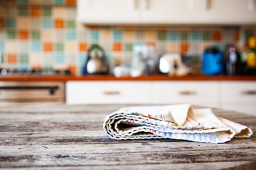 blurred kitchen interior focus on desk space