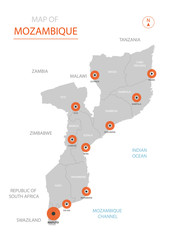 Stylized vector Mozambique map showing big cities, capital Maputo, administrative divisions.