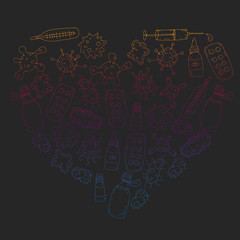 Cough, pills, influenza, flu, sickness. Vector pattern with doodle icons. Healthcare and medicine.