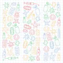 Cough, pills, influenza, flu, sickness. Vector pattern with doodle icons. Healthcare and medicine.