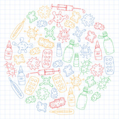 Cough, pills, influenza, flu, sickness. Vector pattern with doodle icons. Healthcare and medicine.