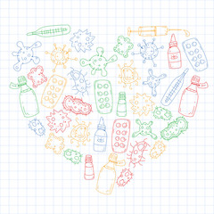 Cough, pills, influenza, flu, sickness. Vector pattern with doodle icons. Healthcare and medicine.