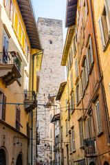 Beautiful Old narrow street of small medieval city Citta Alta, perspective of street in Bergamo, Italy