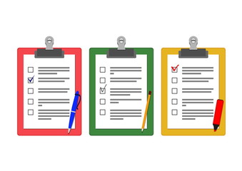 Three writing pad paper clipboards green, red and yellow color with blank of questionnaire with marks and pencil, pen and marker