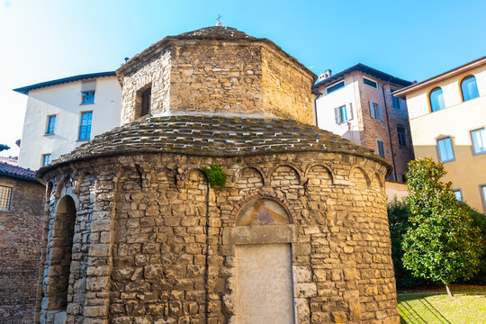 Very old Tempietto of Santa Croce hidden octagonal Romanesque chapel from 11st century in Citta Alta, Bergamo, Italy