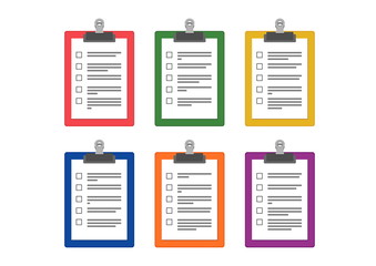 Six writing pad paper clip boards green, red, blue orange, violet and yellow color with blanks of questionnaire or checklist