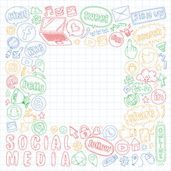 Fototapeta na wymiar Social media and teamwork icons. Doodle images. Management, business, infographic.
