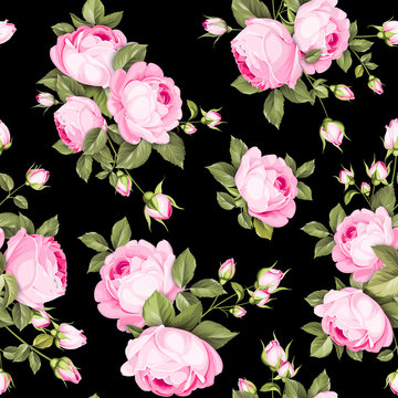 The Rose seamless pattern. Red Roses flowers on wallpaper, seamless template. Vector illustration.