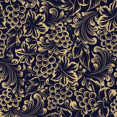 Vine seamless pattern for package design. Old style golden background with grape berries and leaves. Vector illustration. - obrazy, fototapety, plakaty