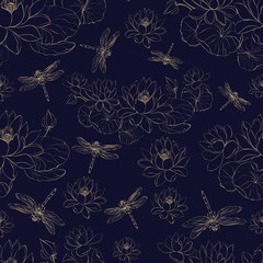 Seamless golden pattern lotus flower and dragonfly. Vector illustrtion.