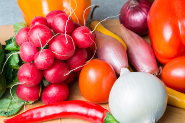 vegetable mix on the kitchen board. Vegetarian food