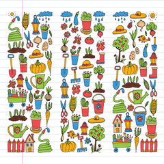 Garden, agriculture, garden tools, equipment, harvest. Icons of gardening items.