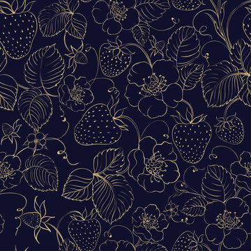 Seamless pattern of golden strawberry on dark background. Vector illustration.