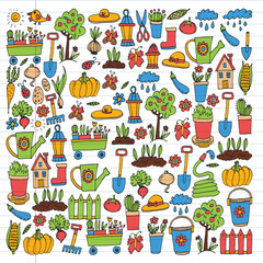 Garden, agriculture, garden tools, equipment, harvest. Icons of gardening items.