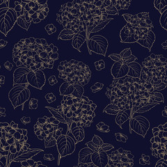 Blossom flower hydrangea on seamless pattern. Mop head hydrangea flower pattern. Beautiful blue flowers. Vector illustration.