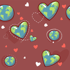 heart shaped earth. Cartoon globe. web icons green happy nature character. love ecology earth planet world map seamless pattern vector illustration. For textile print, wrapping paper