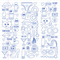 Funny icons for sex shop. Cute cartoon characters. Dildo, strawberry, condom, heart. Love and play