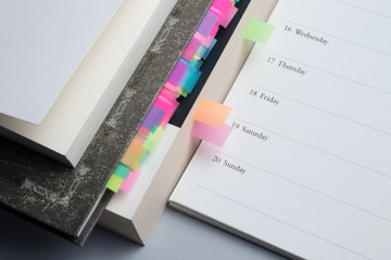 Education concept. Set of planner, books and textbooks