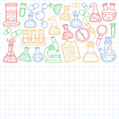 Vector set of chemistry, science icons. Pattern with laboratory equipment images.