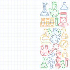 Vector set of chemistry, science icons. Pattern with laboratory equipment images.