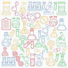 Vector set of chemistry, science icons. Pattern with laboratory equipment images.