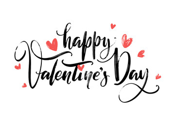 Valentines Day creative artistic hand drawn card. Vector illustration. Love, romantic template. Happy Valentine's day words by hand with red heart shapes around.