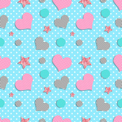 Memphis style seamless pattern with hearts and glitter stars. Cute endless background, template for card, banner, clothes, wrap. Vector illustration.